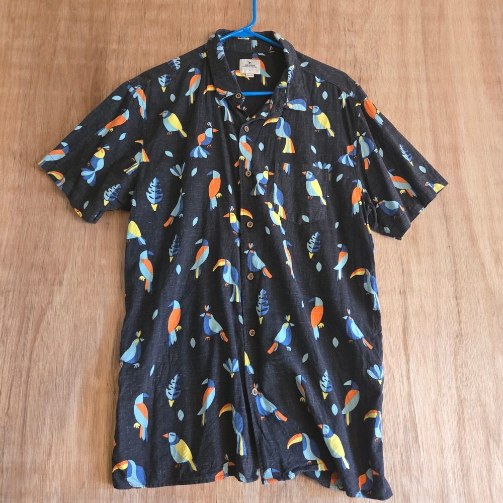Rip Curl Toucan Bird Tropical Hawaiian Short Sleeve Button Up Surf Shirt Mens L